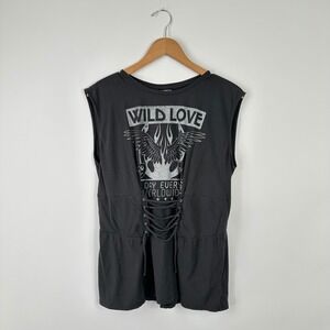 Express Womens Large Black Wild Love Graphic Lace Up Tank Top Sleeveless